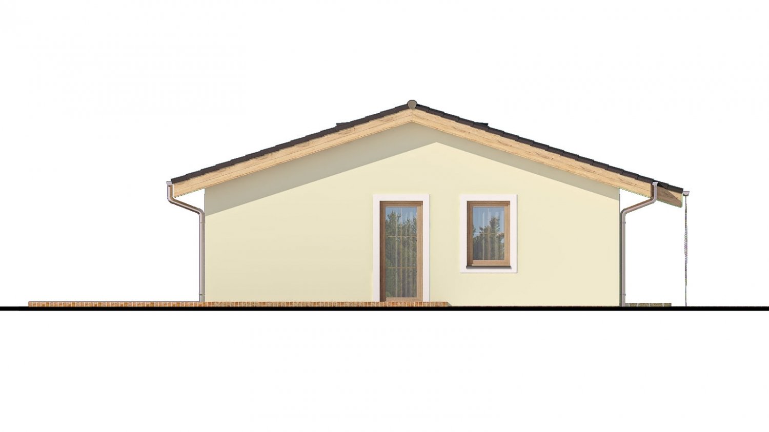 Murovaný projekt rodinného domu na úzky pozemok so sedlovou strechou. Spracovaný v 3d realite s umiestnením na pozemok.